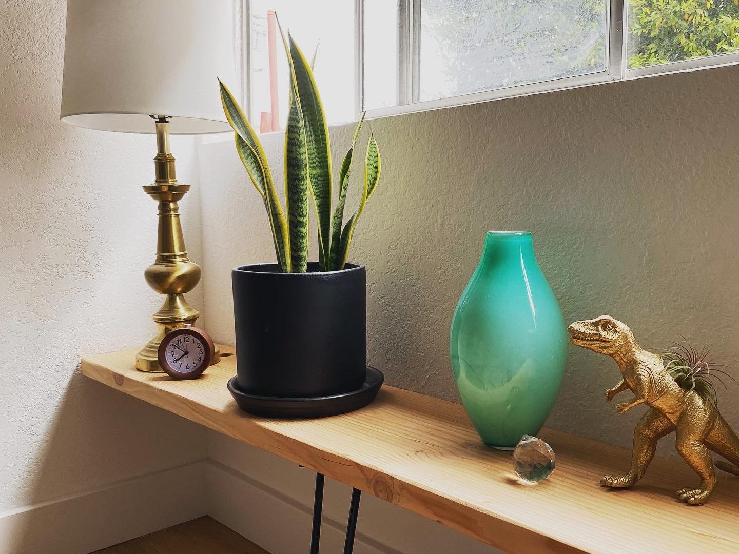 Lamp, snake plant, turquoise vase, and small gold dinosaur in the therapy office.